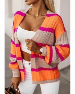 Cardigans*Azura Exchange Striped Colorblock Drop Shoulder Slouchy Cardigan Orange
