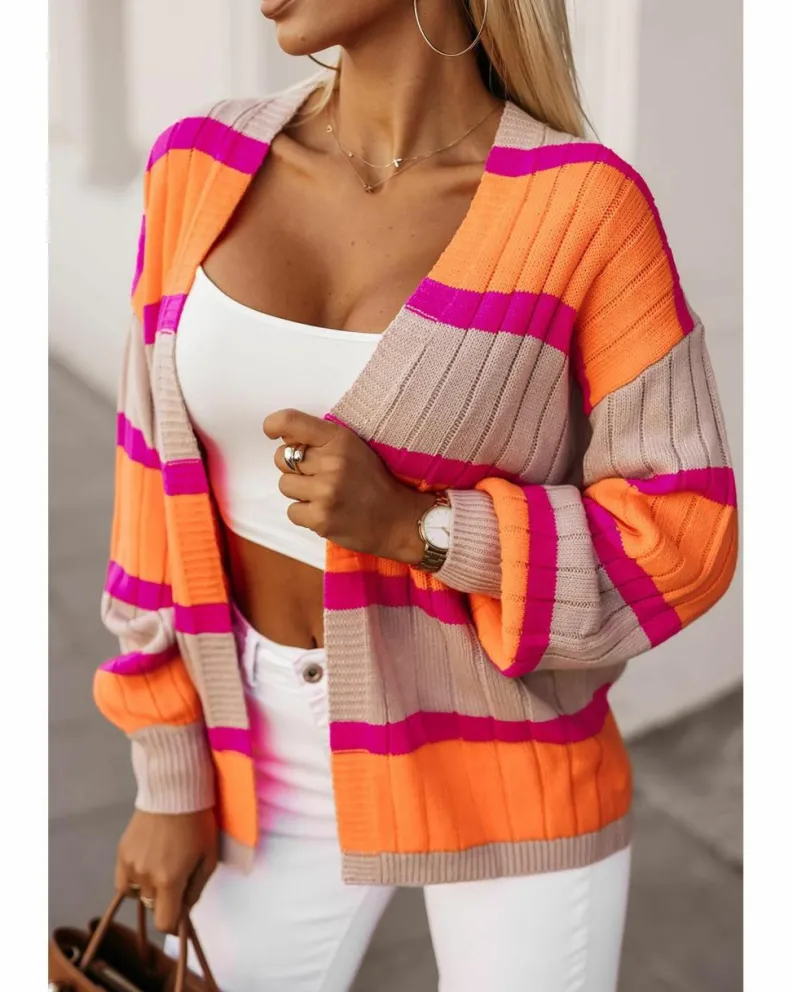 Cardigans*Azura Exchange Striped Colorblock Drop Shoulder Slouchy Cardigan Orange