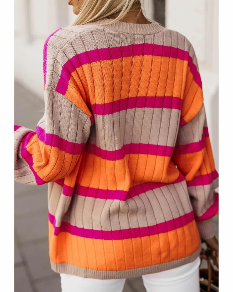 Cardigans*Azura Exchange Striped Colorblock Drop Shoulder Slouchy Cardigan Orange