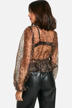 Long Sleeve Tops*boohoo Organza Print Tie Front Puff Long Sleeve Top leopard