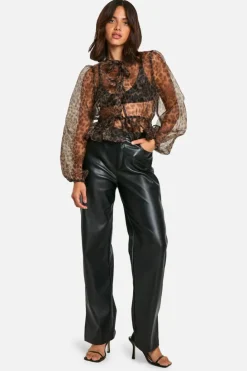 Long Sleeve Tops*boohoo Organza Print Tie Front Puff Long Sleeve Top leopard