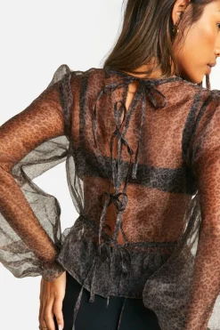 Long Sleeve Tops*boohoo Organza Micro Print Tie Back Puff Long Sleeve Top leopard