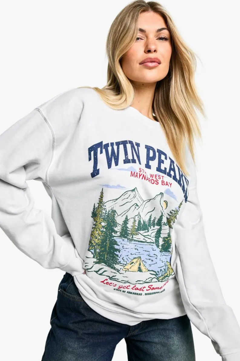 Sweatshirts|Hoodies & Sweatshirts*boohoo Overdye Twin Peaks Vintage Print Oversized Sweatshirt light grey