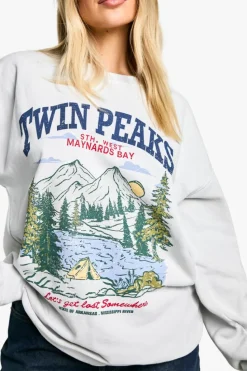 Sweatshirts|Hoodies & Sweatshirts*boohoo Overdye Twin Peaks Vintage Print Oversized Sweatshirt light grey