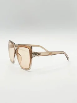 Sunglasses*SVNX Oversize Cateye Sunglasses with Diamante Detail in Champagne Light Sand