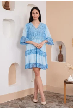 Smock Dresses*HOXTON GAL Oversized 3/4 Sleeves Lace Detailed V Neck Mini Dress Baby Blue