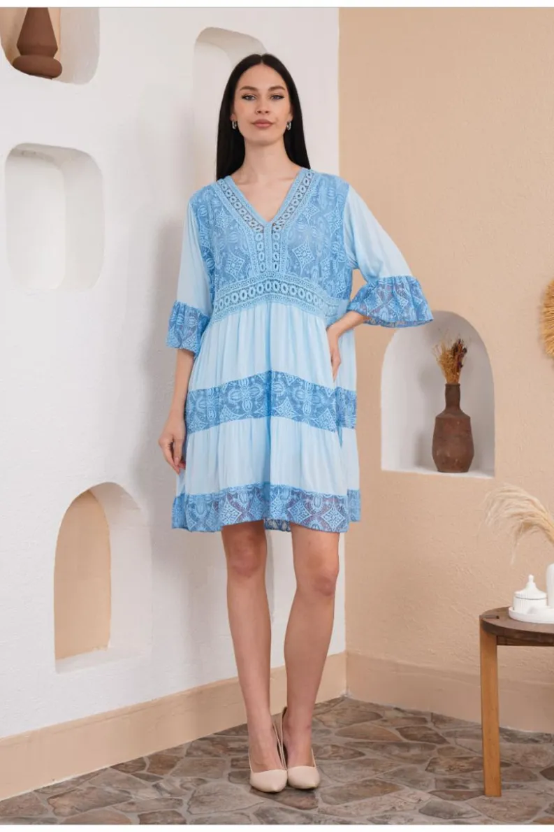 Smock Dresses*HOXTON GAL Oversized 3/4 Sleeves Lace Detailed V Neck Mini Dress Baby Blue