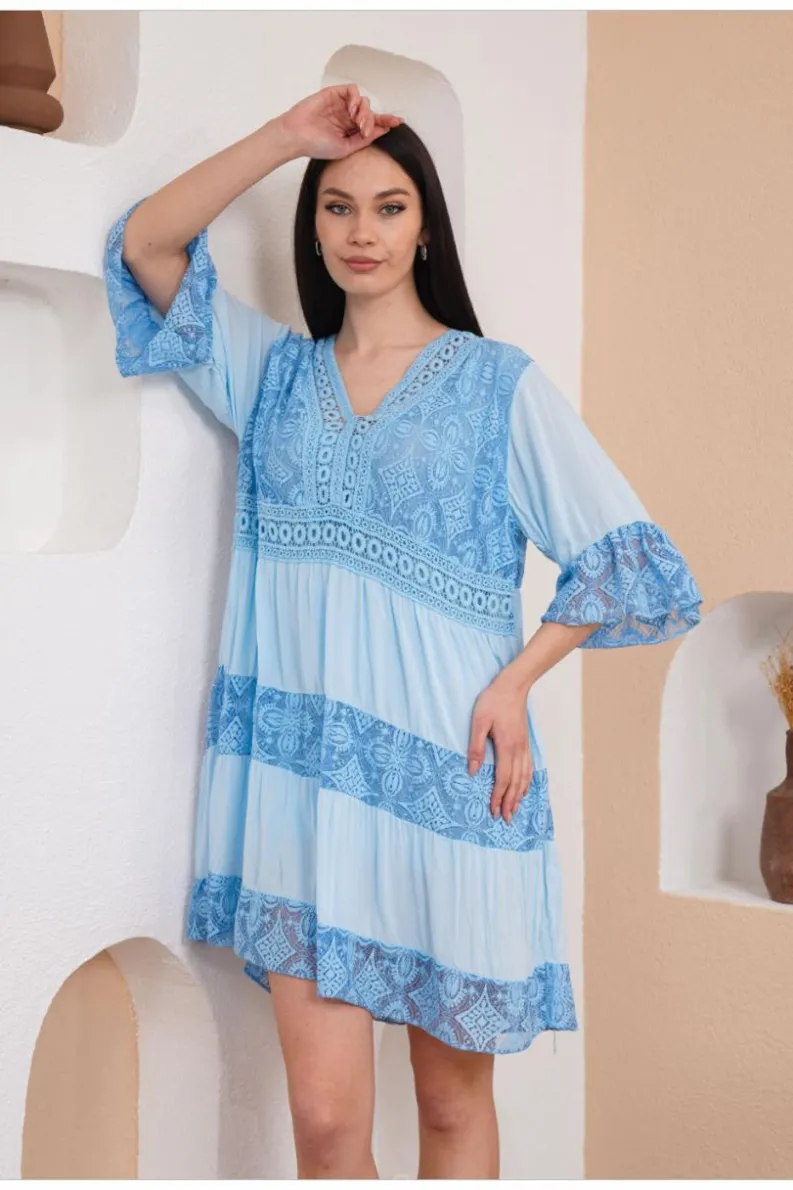 Smock Dresses*HOXTON GAL Oversized 3/4 Sleeves Lace Detailed V Neck Mini Dress Baby Blue