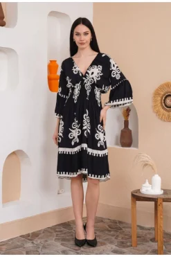 A Line Dresses*HOXTON GAL Oversized 3/4 Sleeves V Neck Printed Knee Lenght Dress Black