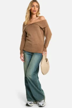 Oversized Jumpers|Jumpers*boohoo Oversized Bardot Knitted Collar Jumper mocha
