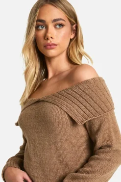 Oversized Jumpers|Jumpers*boohoo Oversized Bardot Knitted Collar Jumper mocha