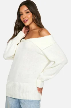 Oversized Jumpers|Jumpers*boohoo Oversized Bardot Knitted Collar Jumper ivory