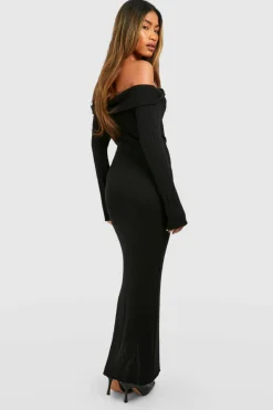 Jumper Dresses|Jumper Dresses*boohoo Oversized Bardot Neckline Knitted Maxi Dress black