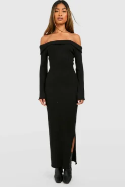 Jumper Dresses|Jumper Dresses*boohoo Oversized Bardot Neckline Knitted Maxi Dress black