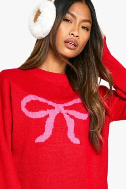 Oversized Jumpers*boohoo Oversized Christmas Bow Jumper red
