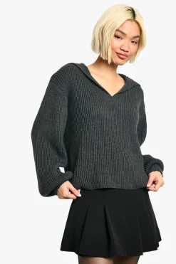 Oversized Jumpers|Jumpers*boohoo Oversized Collar Detail Chunky Knit V Neck Jumper charcoal