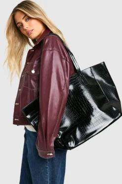 Handbags|Tote Bags*boohoo Oversized Faux Leather Croc Tote Day Bag black