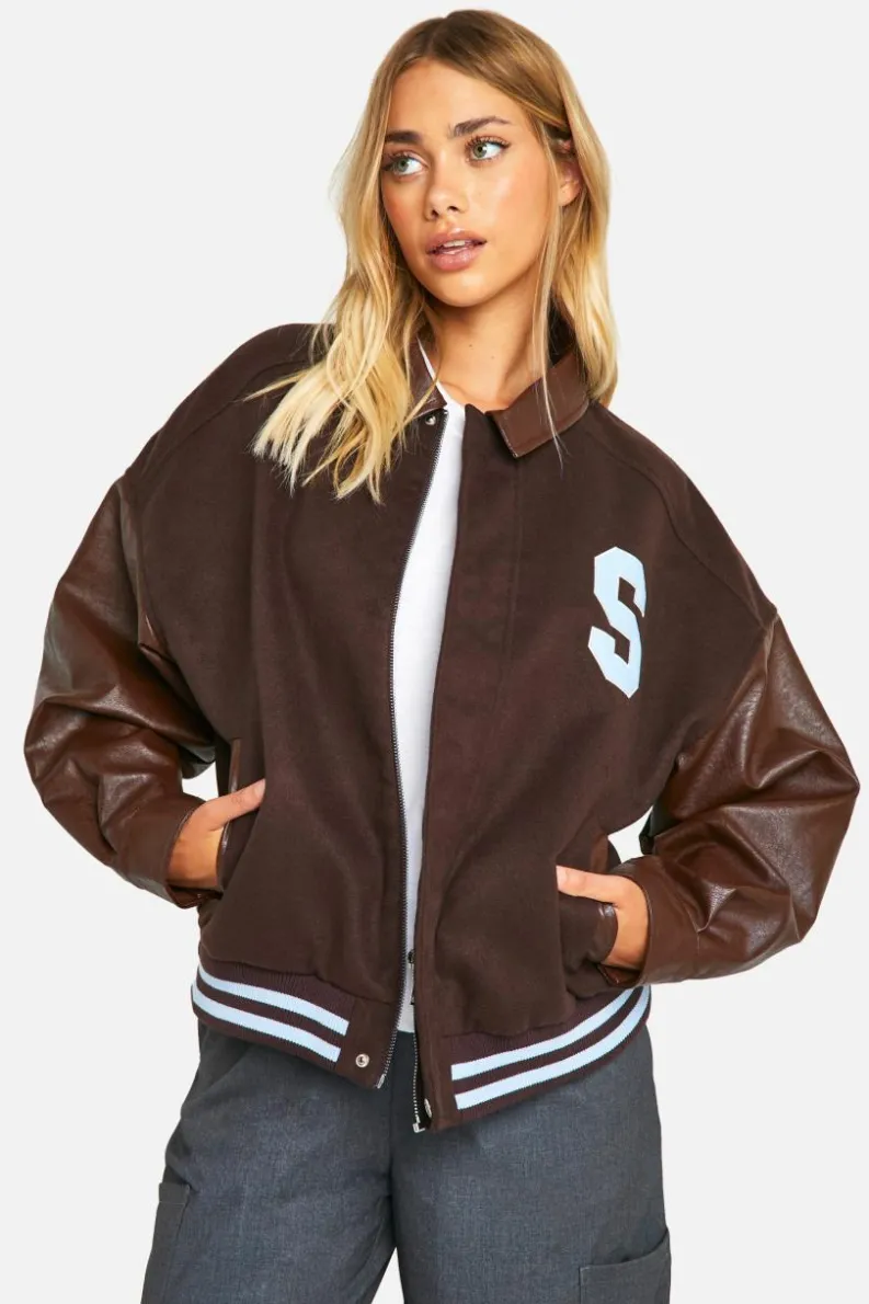 Up To 80% Off Winter Warmers|Bomber Jackets*boohoo Oversized Faux Leather Sleeve Bomber Jacket chocolate