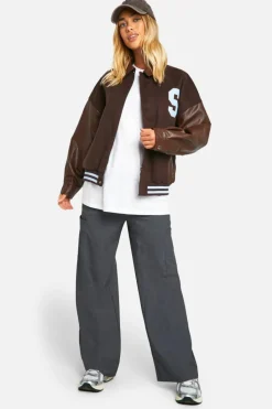 Up To 80% Off Winter Warmers|Bomber Jackets*boohoo Oversized Faux Leather Sleeve Bomber Jacket chocolate