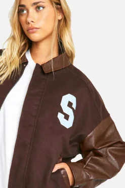 Up To 80% Off Winter Warmers|Bomber Jackets*boohoo Oversized Faux Leather Sleeve Bomber Jacket chocolate