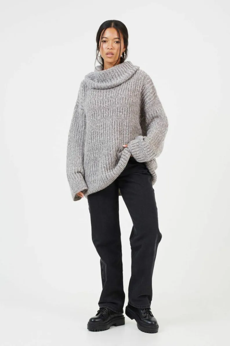 Oversized Jumpers*Brave Soul Oversized Fisherman Knit Roll Neck Jumper Grey