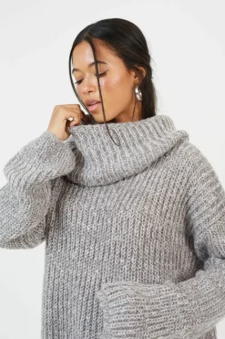 Oversized Jumpers*Brave Soul Oversized Fisherman Knit Roll Neck Jumper Grey