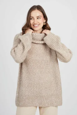 Oversized Jumpers*Brave Soul Oversized Fisherman Knit Roll Neck Jumper Stone