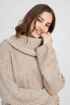 Oversized Jumpers*Brave Soul Oversized Fisherman Knit Roll Neck Jumper Stone