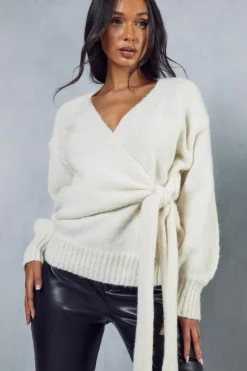 Cardigans*MissPap Oversized Fluffy Knit Tie Detail Cardigan ecru