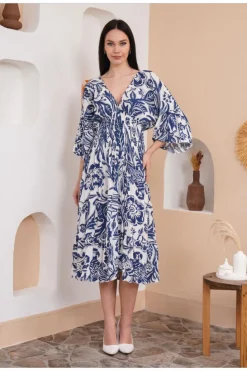 Midi Dresses*HOXTON GAL Oversized Flutter Sleeves Shirred Waist V Neck Midi Dress with Floral Print Blue
