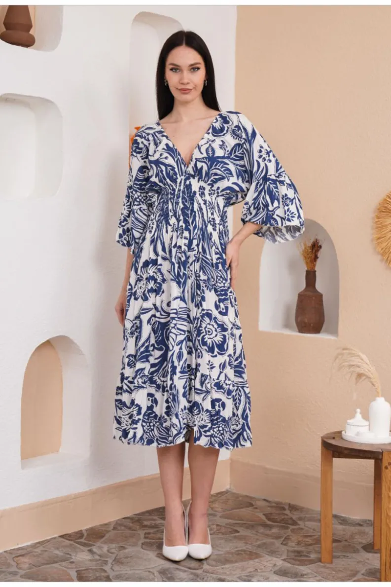 Midi Dresses*HOXTON GAL Oversized Flutter Sleeves Shirred Waist V Neck Midi Dress with Floral Print Blue