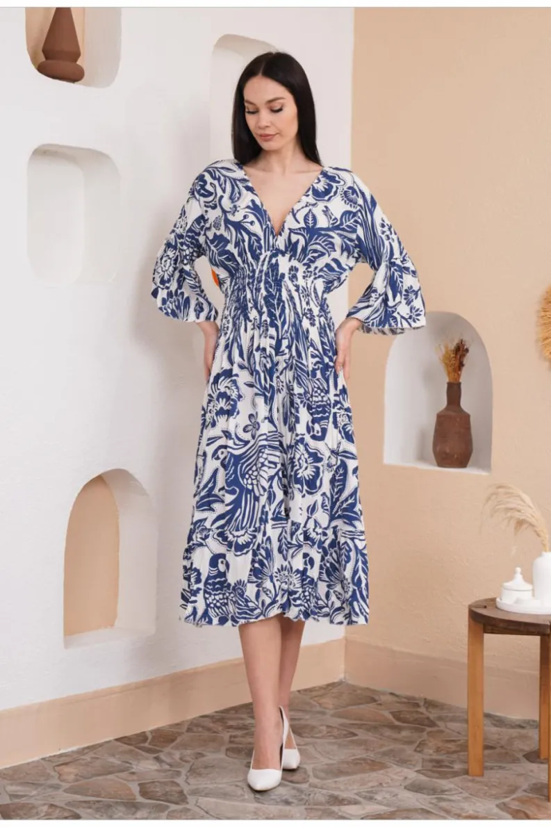 Midi Dresses*HOXTON GAL Oversized Flutter Sleeves Shirred Waist V Neck Midi Dress with Floral Print Blue
