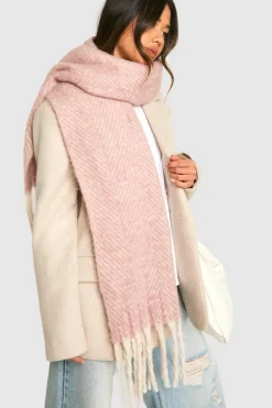 Hats & Gloves|Hats & Gloves*boohoo Oversized Herringbone Fringe Scarf pink