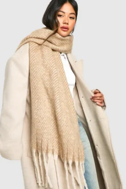 Hats & Gloves|Hats & Gloves*boohoo Oversized Herringbone Fringe Scarf stone