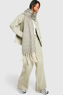 Hats & Gloves|Hats & Gloves*boohoo Oversized Herringbone Fringe Scarf grey