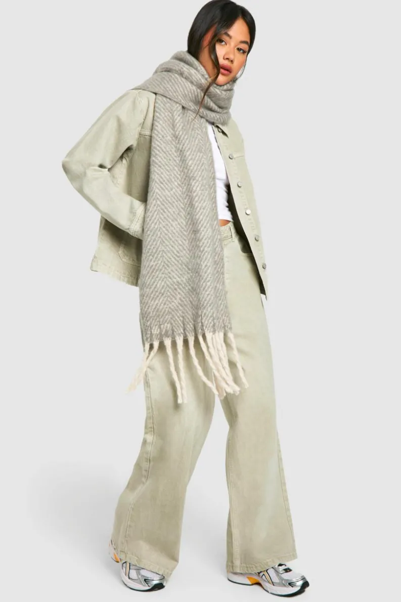 Hats & Gloves|Hats & Gloves*boohoo Oversized Herringbone Fringe Scarf grey