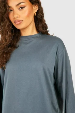 T-Shirt Dresses|Shirt Dresses*boohoo Oversized Long Sleeve Dipped Hem T-shirt Dress charcoal