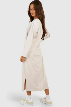 T-Shirt Dresses|Shirt Dresses*boohoo Oversized Long Sleeve Midaxi T-shirt Dress stone