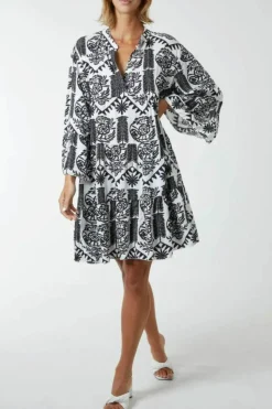 Smock Dresses*HOXTON GAL Oversized Long Sleeves Printed Smock Dress Black