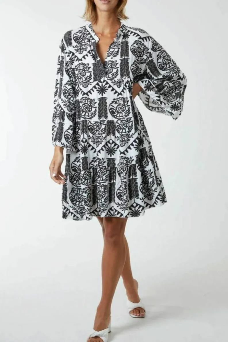 Smock Dresses*HOXTON GAL Oversized Long Sleeves Printed Smock Dress Black