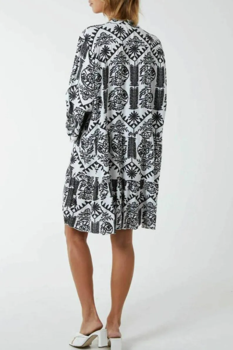 Smock Dresses*HOXTON GAL Oversized Long Sleeves Printed Smock Dress Black