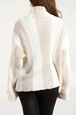 Oversized Jumpers*HOXTON GAL Oversized Roll Neck Detailed Vertical Striped Jumper Beige