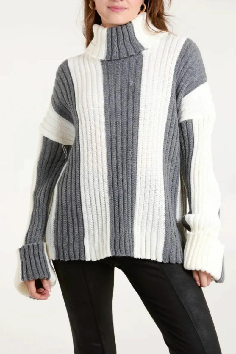 Oversized Jumpers*HOXTON GAL Oversized Roll Neck Detailed Vertical Striped Jumper Grey