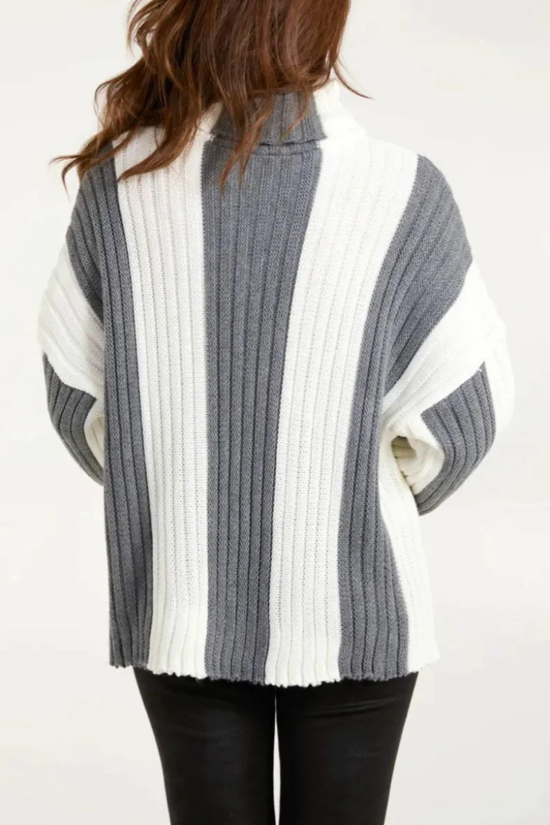 Oversized Jumpers*HOXTON GAL Oversized Roll Neck Detailed Vertical Striped Jumper Grey