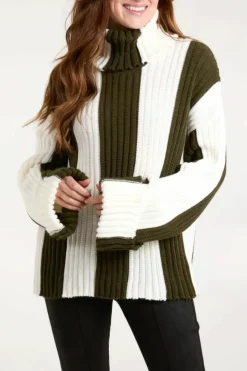Oversized Jumpers*HOXTON GAL Oversized Roll Neck Detailed Vertical Striped Jumper Khaki