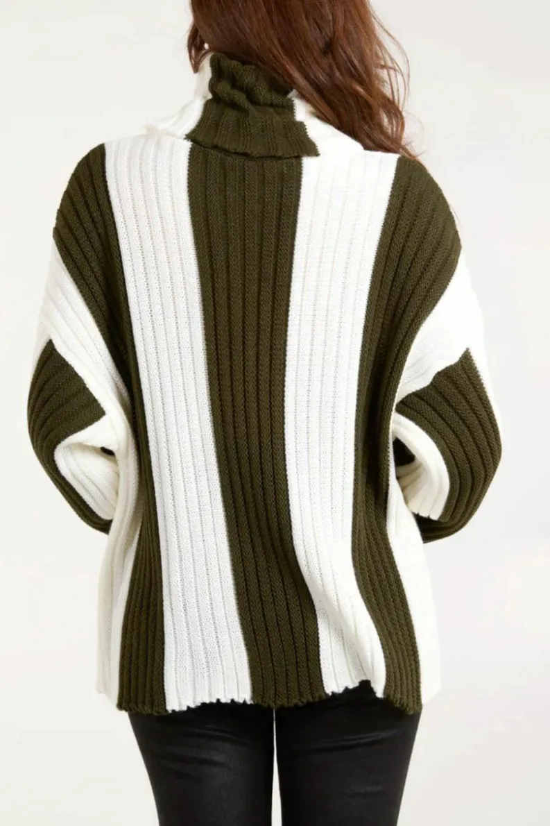 Oversized Jumpers*HOXTON GAL Oversized Roll Neck Detailed Vertical Striped Jumper Khaki