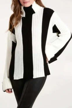 Oversized Jumpers*HOXTON GAL Oversized Roll Neck Detailed Vertical Striped Jumper Black