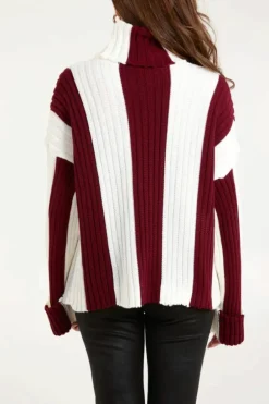 Oversized Jumpers*HOXTON GAL Oversized Roll Neck Detailed Vertical Striped Jumper Burgundy