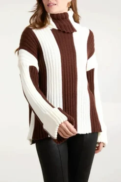 Oversized Jumpers*HOXTON GAL Oversized Roll Neck Detailed Vertical Striped Jumper Brown