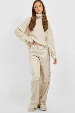 Oversized Jumpers*boohoo Oversized Roll Neck Rib Knitted Jumper stone